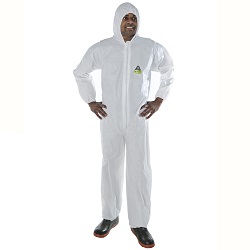 C-MAX WHITE SMS COVERALL WITH  HOOD &amp; BOOTS, ZIPPER FRONT, 